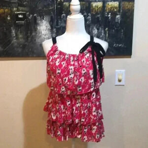 Style & Co Petite Pink Floral 3 Layered Ruffle with Shoulder Bow-Size Small